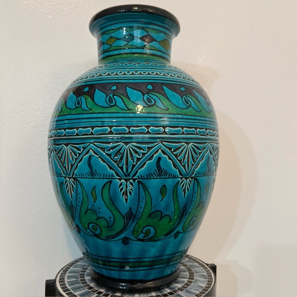Vintage Moroccan Safi Pottery Vase 13” Turquoise Green Purple